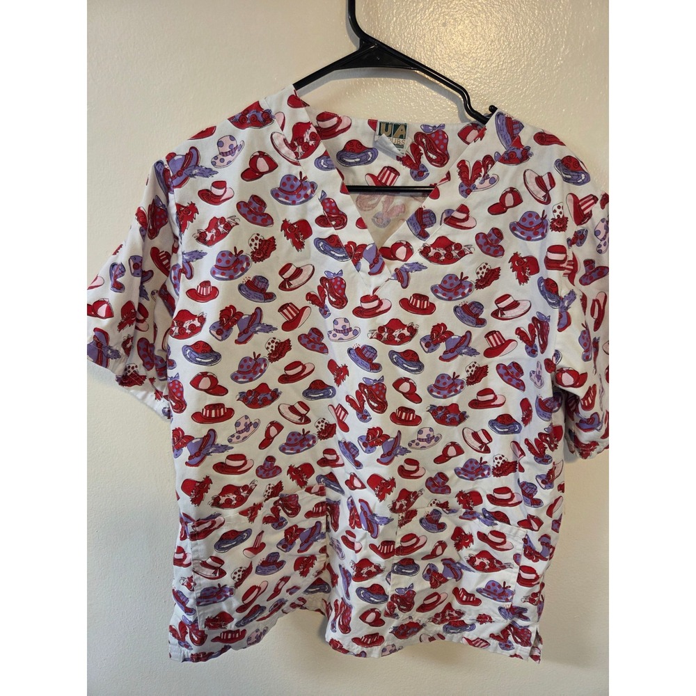 UA Scrubs Uniform Advantage Hat Print V-Neck Scrub Top Red Purple Small
